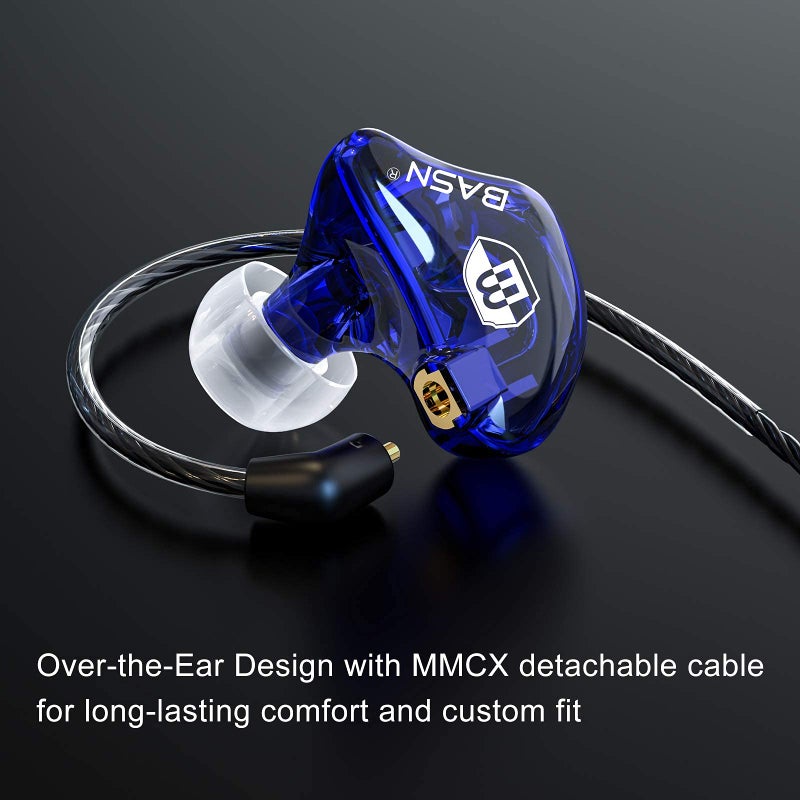 BASN in-Ear Monitor Headphones Dual Dynamic Drivers IEM Earphones Detachable MMCX Cable Musicians Earbuds (MC100 Red/Blue, with Mic) - Image 3